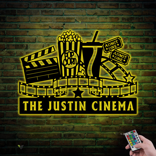 Custom Name Home Cinema Metal Sign With Led Lights, Personalized Home Theatre Metal Wall Art, Movie Theater Room Metal Wall Hanging Decor