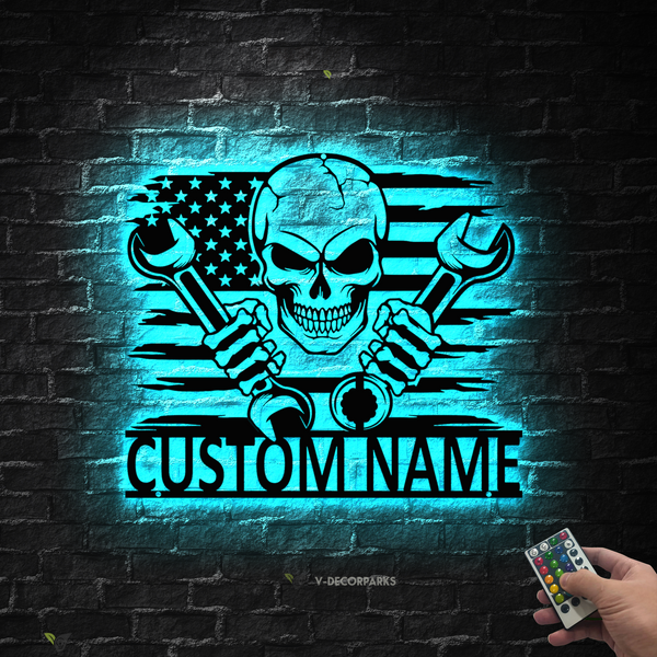 Custom Us Flag Skull Mechanic Metal Wall Art Led Lights, Personalized Mechanic Garage Metal Name Sign, Mechanic Workshop Mancave Metal Led Decor