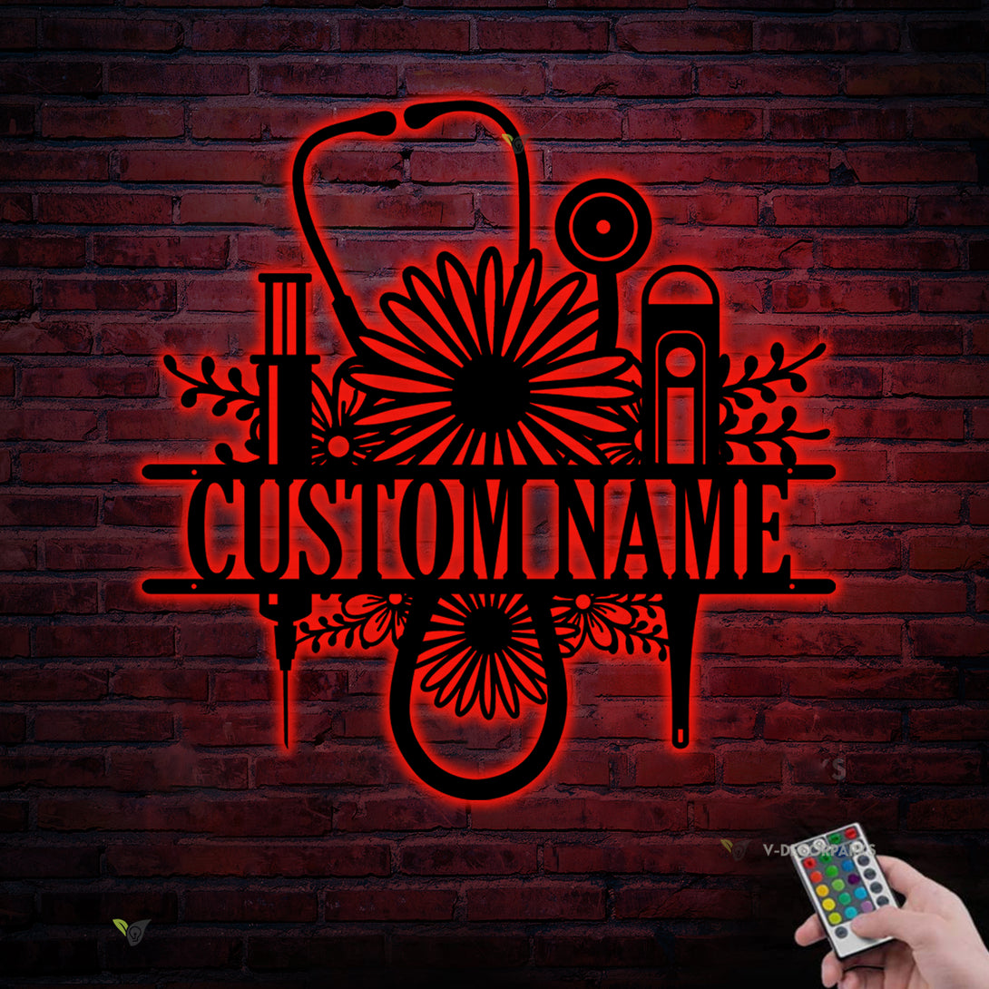 Custom Name Floral Stethoscope Nurse Metal Wall Art With Led Lights, Personalised Rn Nurse Doctor Metal Name Sign, Mom Nurse Metal Sign Art