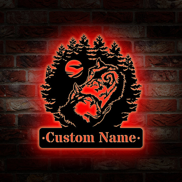 Custom Couple Wolves Metal Wall Art With Led Lights, Personalized Forest Wildlife Wolves Metal Name Sign, Mountain Wolf Metal Wall Hanging Decor