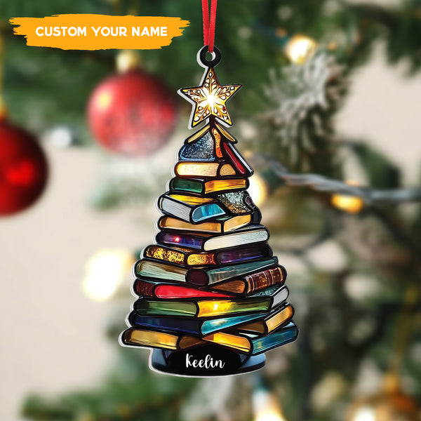 Personalized Book Christmas Tree Suncatcher Ornament, Custom Holiday Decoration for Readers, Book Lover Christmas Gift