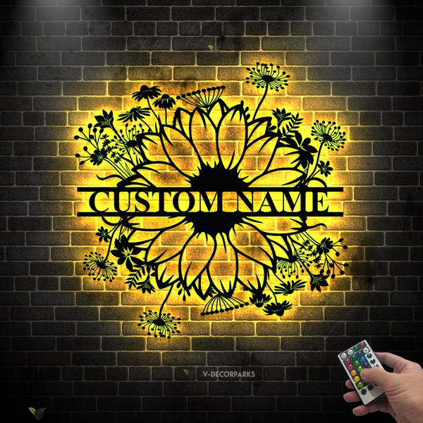 Personalized Sunflower Metal Garden Sign With Led Lights, Custom Mom's Garden Metal Wall Hanging Decor, Metal Sunflower Garden Monogram Sign