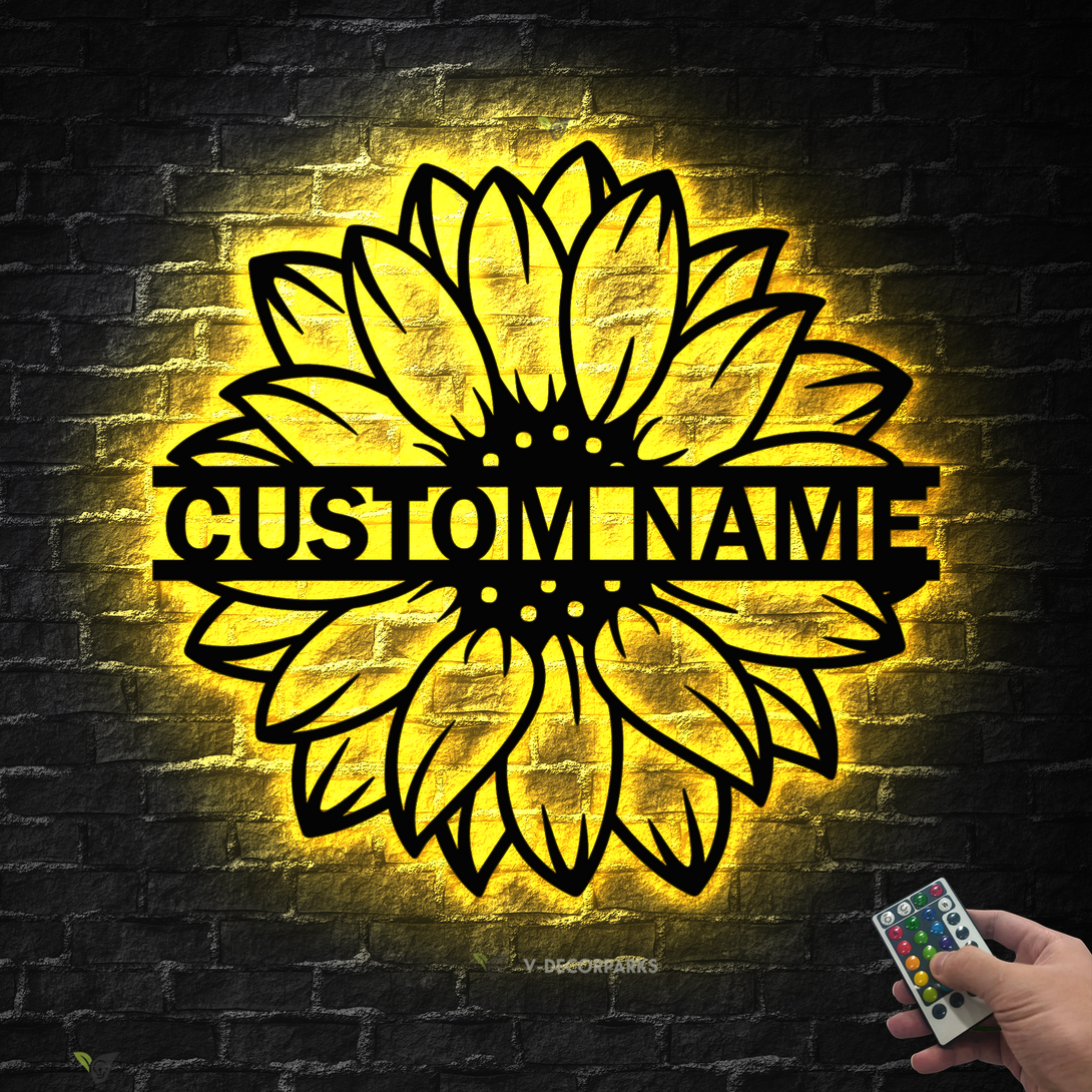 Personalized Sunflower Garden Metal Sign Led Lights, Custom Sunflower Monogram Metal Wall Art, Sunflower Metal Garden Decor, Gardening Metal Art