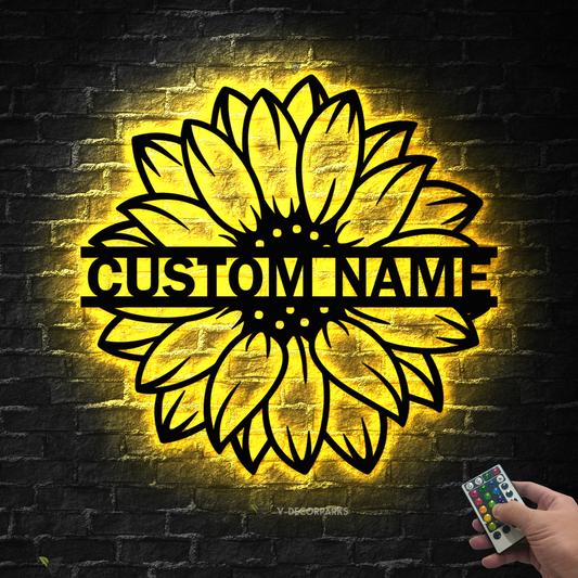 Personalized Sunflower Garden Metal Sign Led Lights, Custom Sunflower Monogram Metal Wall Art, Sunflower Metal Garden Decor, Gardening Metal Art