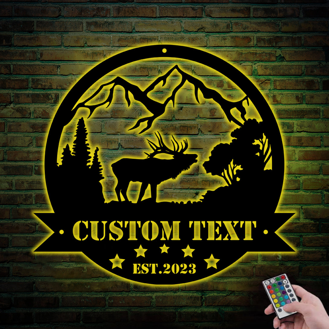Personalized Mountain Elk Hunting Metal Sign Led Lights, Custom Wild Elk Hunting Metal Wall Art, Metal Elk Hunting Cabin Sign Wall Hanging Decor