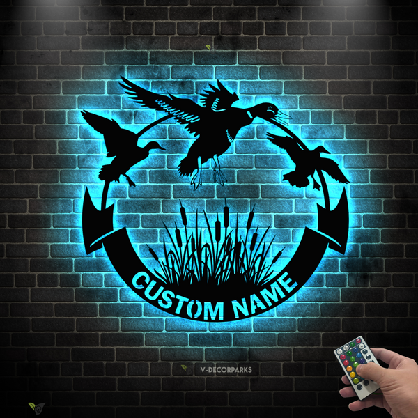 Personalized Mallard Duck Hunting Metal Wall Art Led Lights, Custom Hunter Metal Name Sign, Flying Duck Hunting Cabin Lodge Man Cave Metal Sign