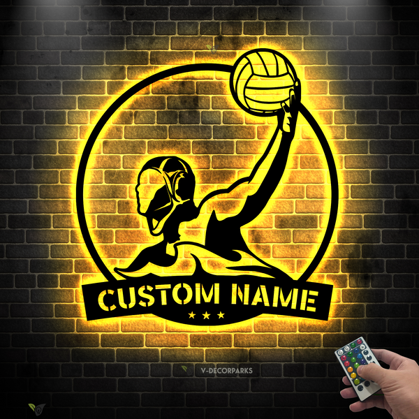 Custom Man Water Polo Metal Wall Art Led Lights, Personalized Water Polo Player Metal Name Sign, Water Polo Sport Metal Led Sign Art Home Decor