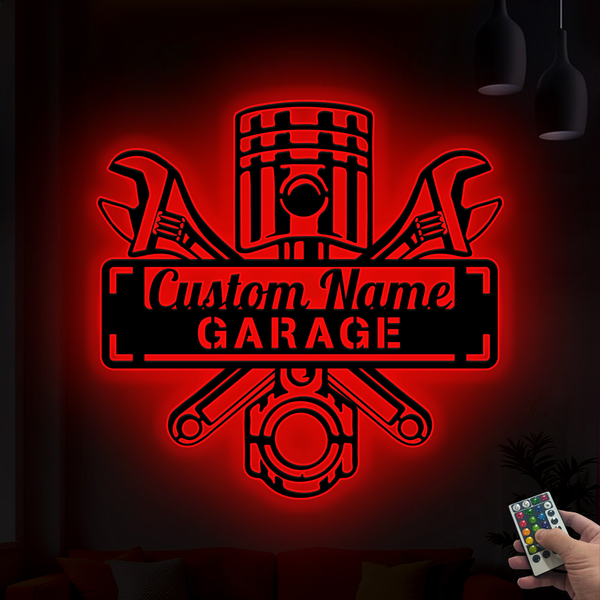 Custom Name Garage Metal Sign With Led Lights, Personalized Workshop Metal Name Sign, Car Mechanic Tools Repair Garage Metal Wall Art Decor