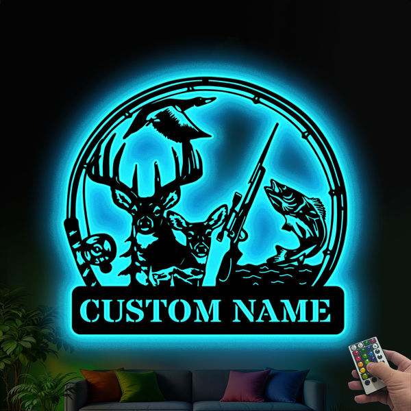 Custom Fishing Hunting Metal Sign Led Lights, Deer Duck Hunting Fishing Metal Wall Art, Custom Hunter Metal Name Sign, Hunting Cabin Metal Signs