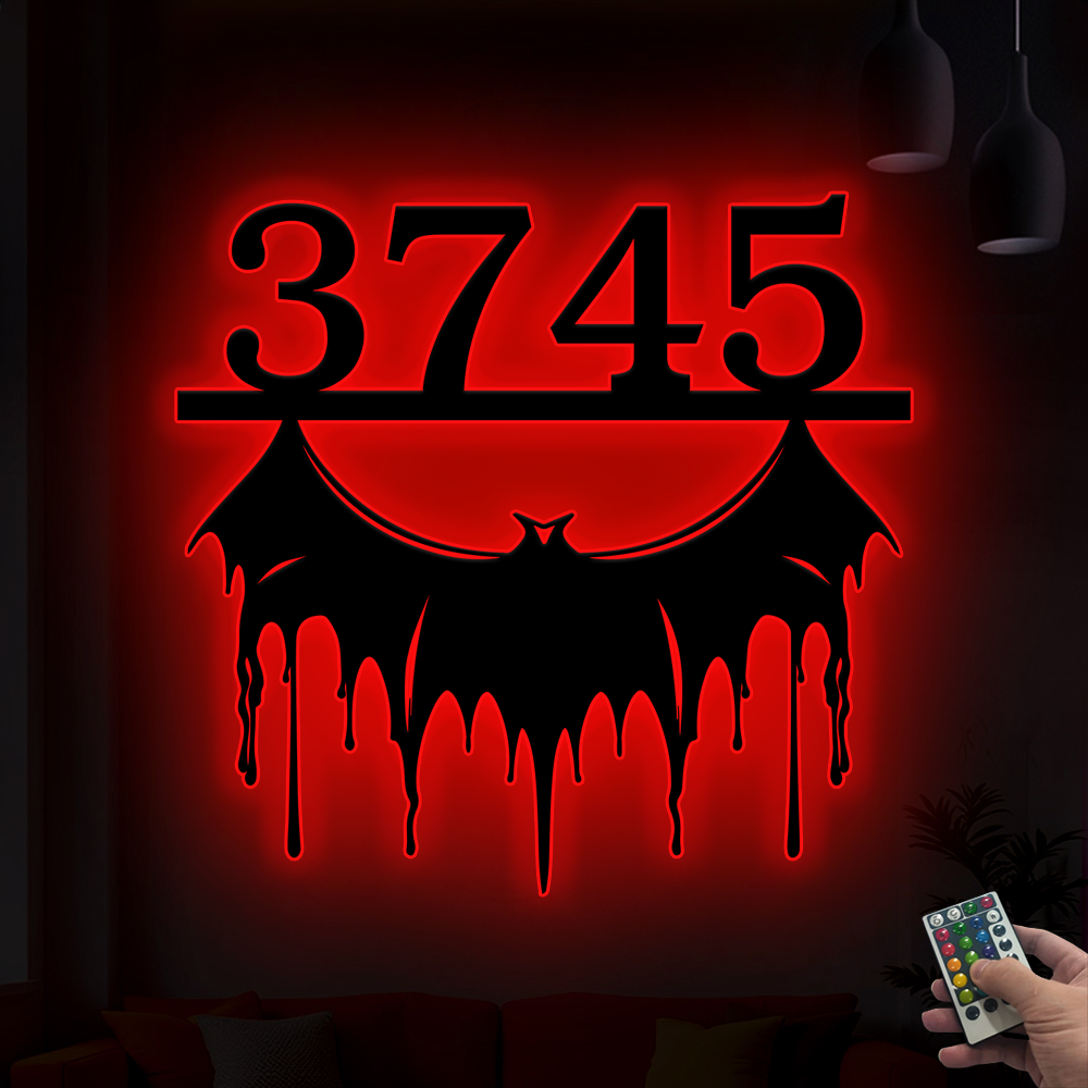 Custom Metal Bat Address Sign With Led Lights, Personalized Halloween Bat With House Number Metal Sign, Bat Address Number Metal Wall Hanging