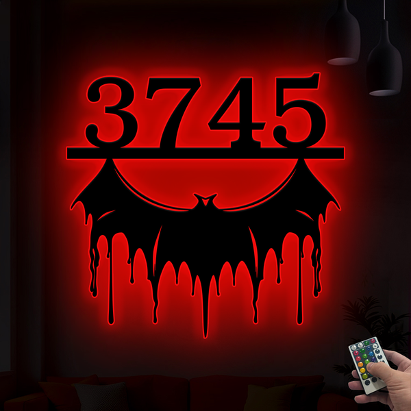 Custom Metal Bat Address Sign With Led Lights, Personalized Halloween Bat With House Number Metal Sign, Bat Address Number Metal Wall Hanging