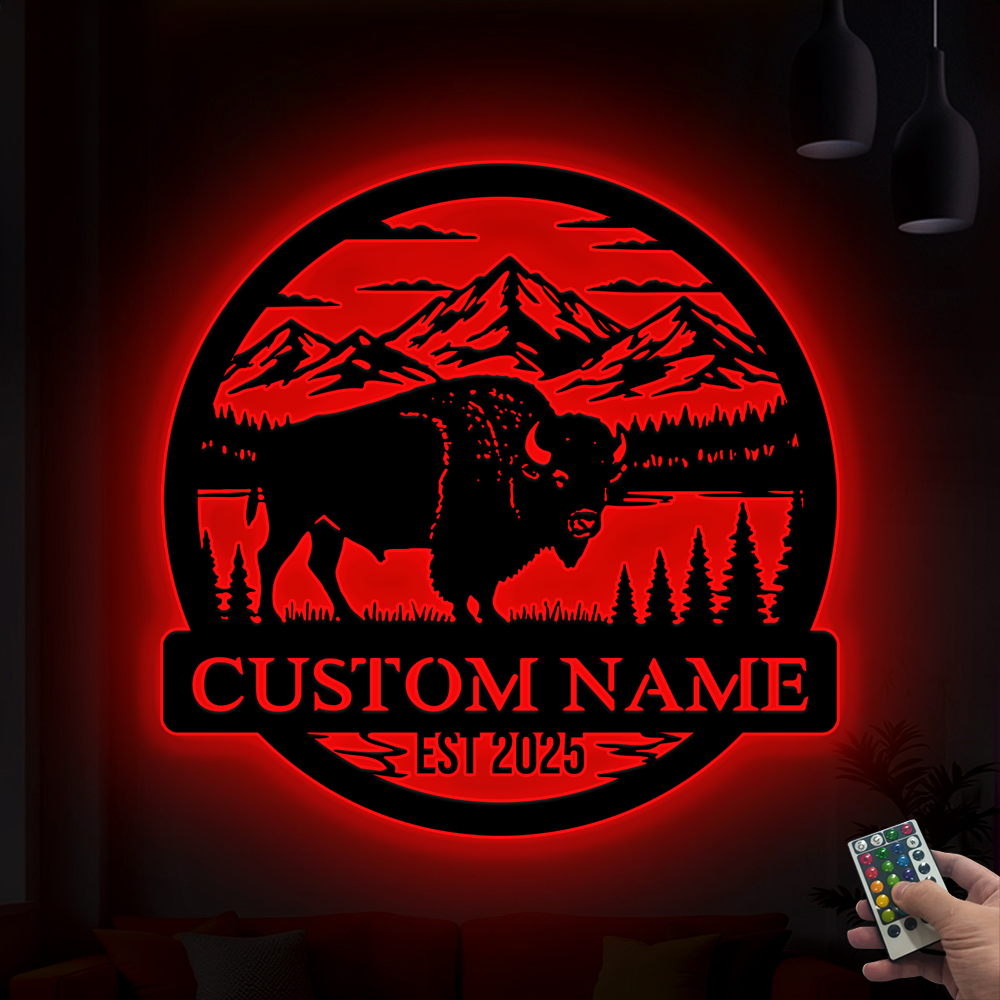 Custom Name Mountain Bison Metal Sign With Led Lights, Buffalo Bison Metal Cabin Sign, Personalized Bison Farm Metal Wall Hanging Outdoor Decor