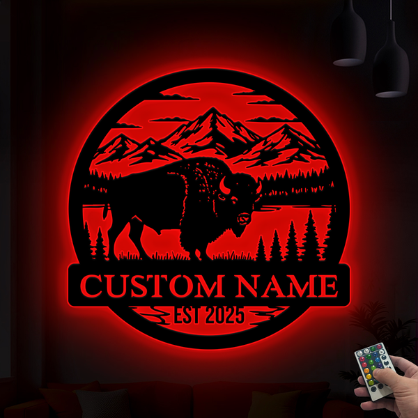 Custom Name Mountain Bison Metal Sign With Led Lights, Buffalo Bison Metal Cabin Sign, Personalized Bison Farm Metal Wall Hanging Outdoor Decor