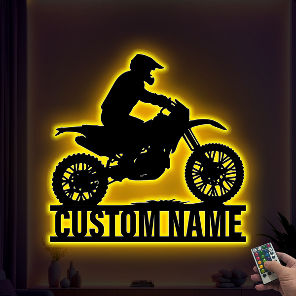 Custom Name Dirt Bike Metal Sign With Led Lights, Personalized Motocross Biker Metal Name Sign, Motorcycle Rider Home Garage Mancave Decor
