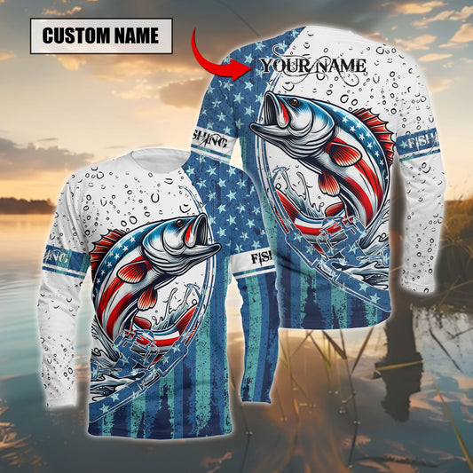 Personalized American Flag Bass Fishing Long Sleeve Shirt Custom Name Fishing Jersey for Men Outdoor Fisherman Gift