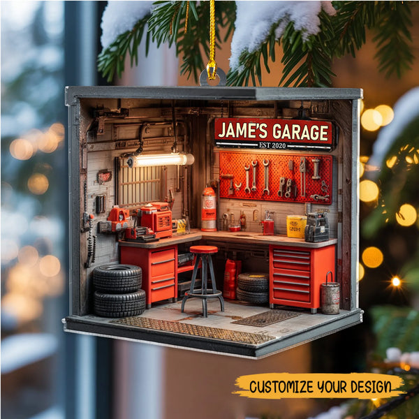 Personalized Garage Ornament – Custom Name 2D Flat Acrylic Christmas Gift for Car Lovers & Mechanics