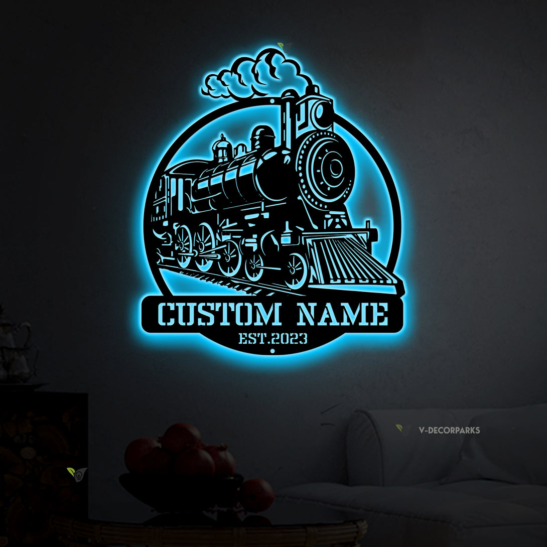 Custom Name Steam Locomotive Metal Sign Led Lights, Personalized Train Driver Metal Name Sign, Steam Engine Train Railroad Metal Wall Art Decor