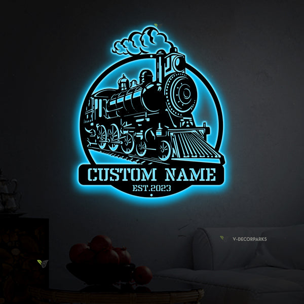 Custom Name Steam Locomotive Metal Sign Led Lights, Personalized Train Driver Metal Name Sign, Steam Engine Train Railroad Metal Wall Art Decor