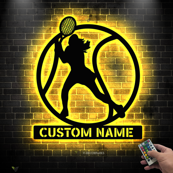 Custom Girl Tennis Player Metal Wall Art Led Lights, Personalized Female Tennis Player Metal Name Sign, Tennis Sport Led Metal Sign