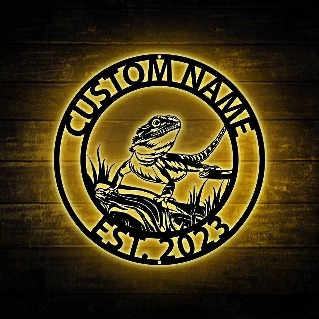 Custom Bearded Dragon Metal Wall Art Led Lights, Personalized Gecko Lizard Monogram Metal Name Sign, Bearded Dragon Metal Wall Hanging Home Decor
