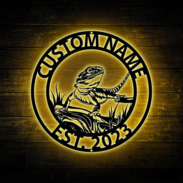 Custom Bearded Dragon Metal Wall Art Led Lights, Personalized Gecko Lizard Monogram Metal Name Sign, Bearded Dragon Metal Wall Hanging Home Decor