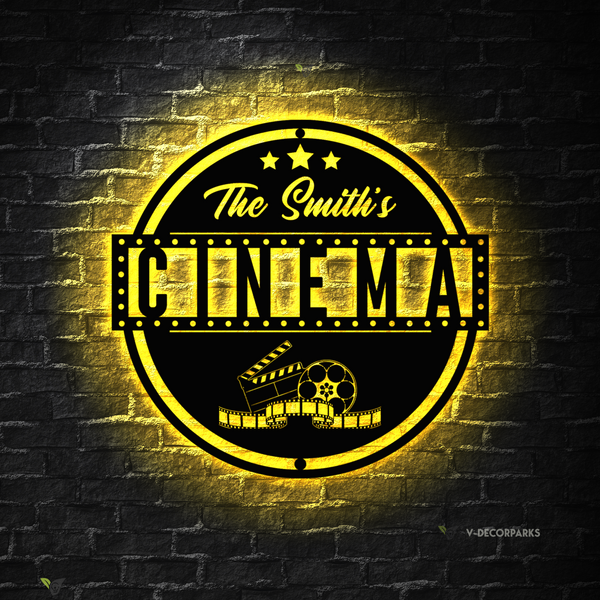 Custom Family Name Home Cinema Metal Wall Art Led Lights, Personalized Home Theater Metal Name Sign Home Decor, Movie Film Lover Metal Sign