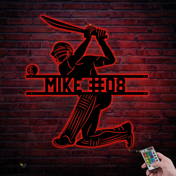 Custom Cricket Player Metal Wall With Led Light, Personalized Cricket Player Metal Name Sign, Cricket Sport Metal Wall Led Sign Decor