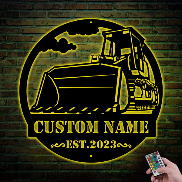 Custom Name Bulldozer Excavator Metal Sign With Led Lights, Personalized Bulldozer Excavator Metal Wall Art, Bulldozer Construction Metal Sign
