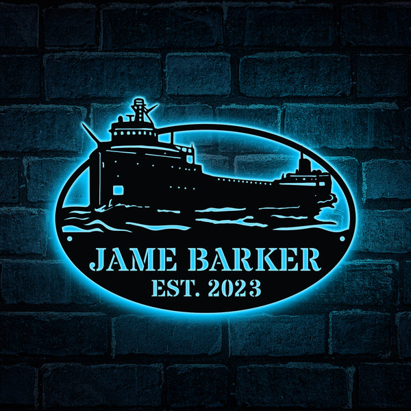 Personalized Freighter Ship Metal Wall Art With Led Lights, Custom Sailor Metal Name Sign, Nautical Marine Ship Metal Wall Hanging Sign