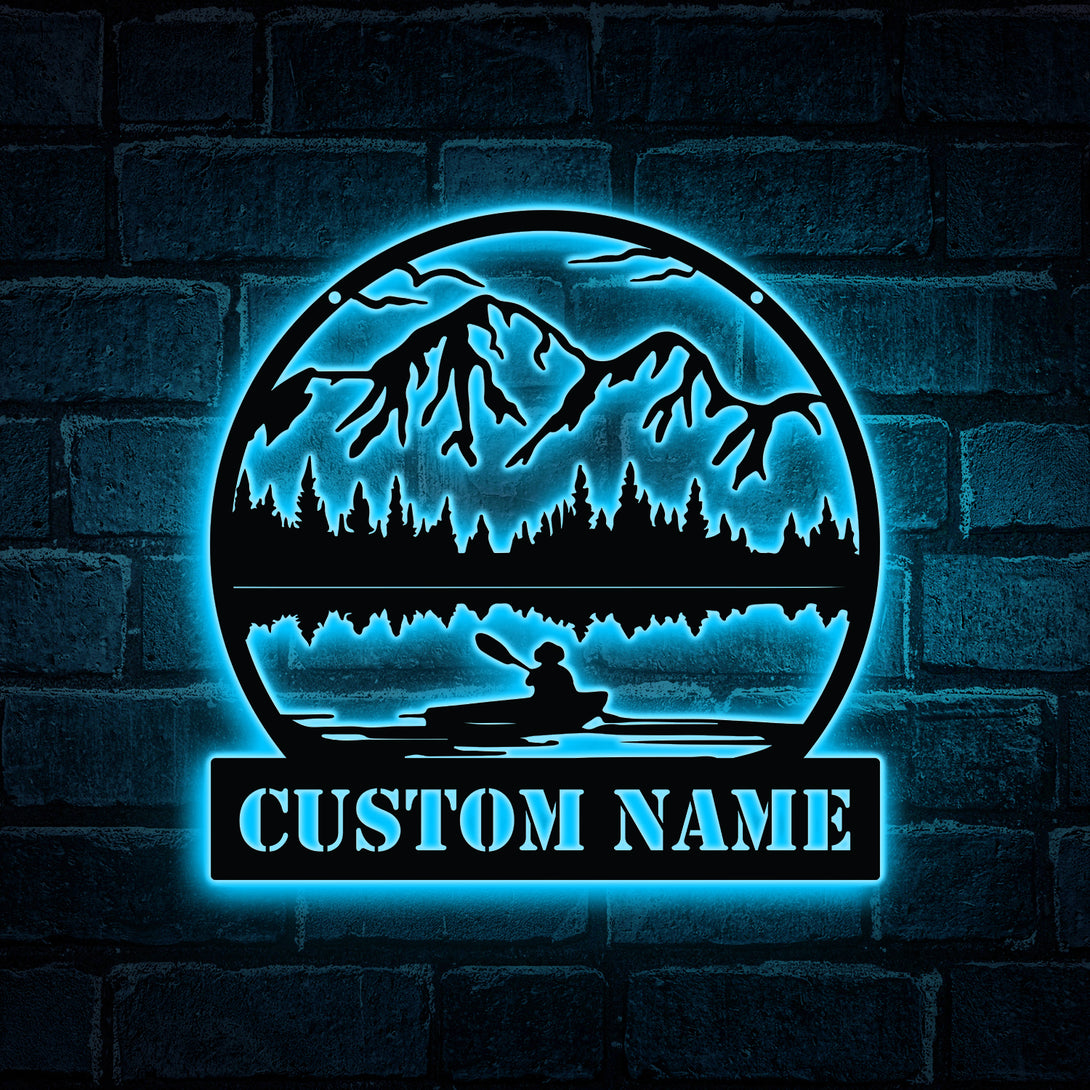 Custom Kayak Lake House Metal Wall Art Led Lights, Personalized Name Kayak Metal Sign Home Decor, River House Kayak Metal Led Sign
