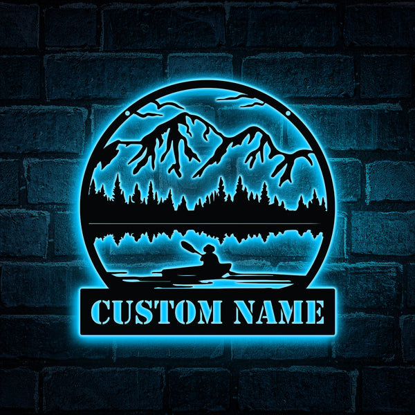 Custom Kayak Lake House Metal Wall Art Led Lights, Personalized Name Kayak Metal Sign Home Decor, River House Kayak Metal Led Sign