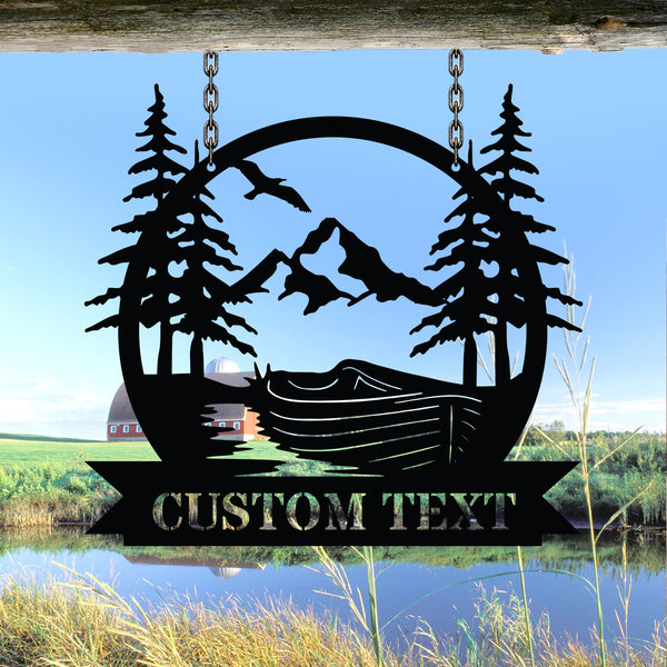 Personalized Name Boat Lake Scene Metal Sign, Outdoor Lake House Metal Wall Art Decor, Boat Mountain Lake Scene Metal Sign Art