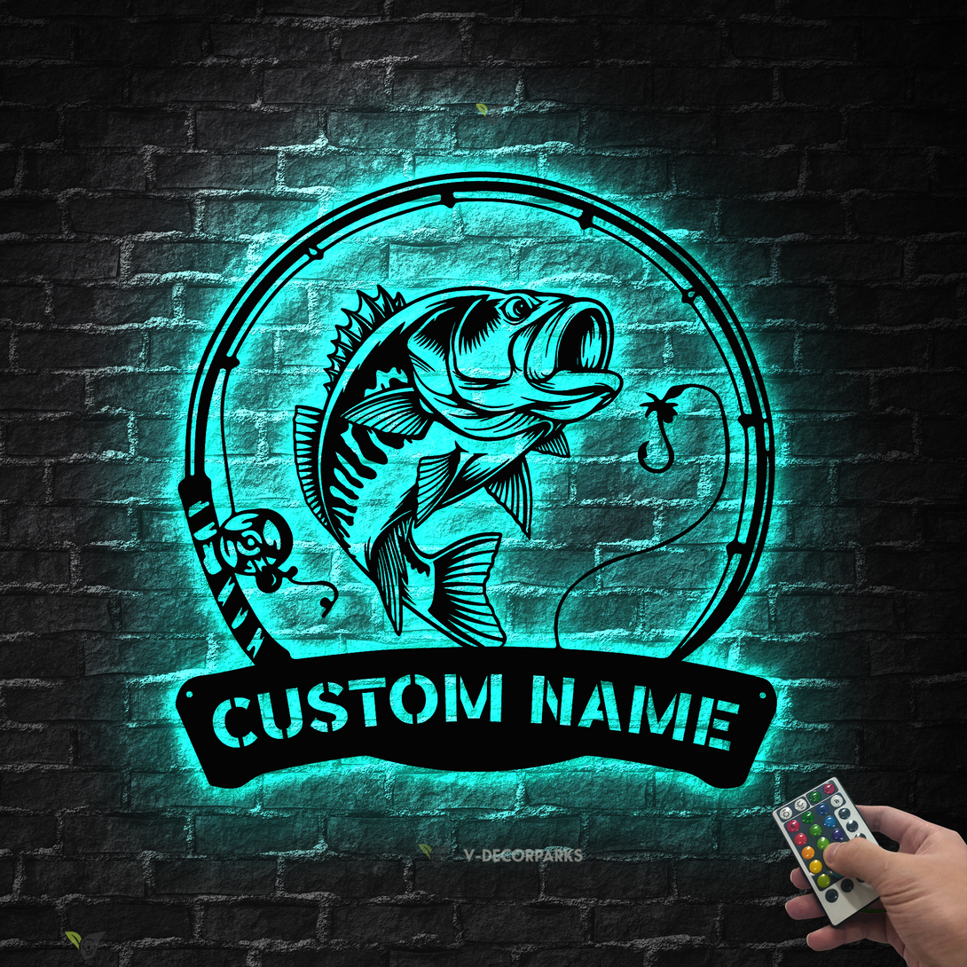 Largemouth Bass Fishing Metal Wall Art Led Lights, Personalized Fisherman Metal Name Sign, Bass Fishing Metal Sign Cabin Outdoor Decor