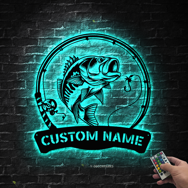 Largemouth Bass Fishing Metal Wall Art Led Lights, Personalized Fisherman Metal Name Sign, Bass Fishing Metal Sign Cabin Outdoor Decor