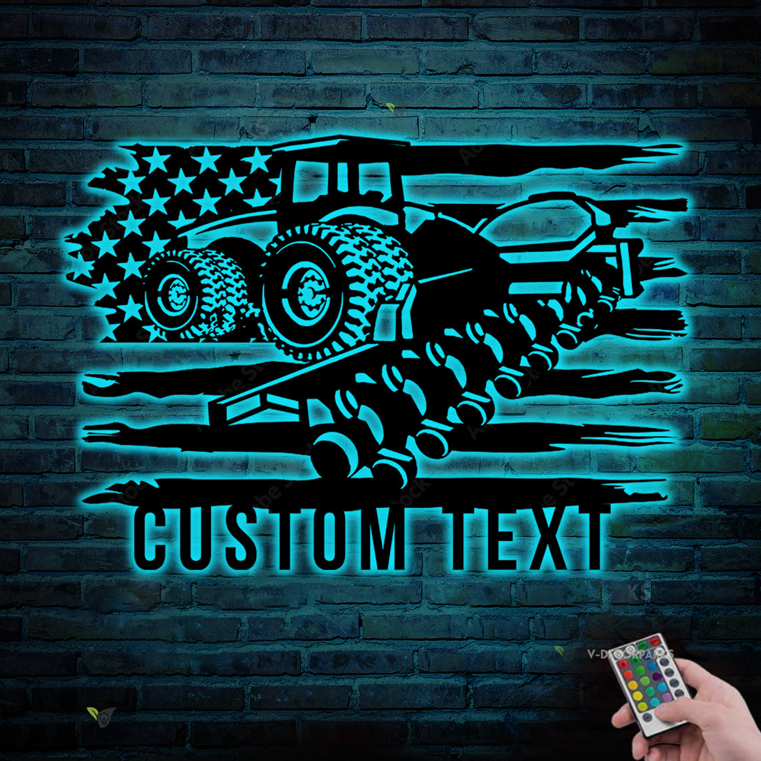 Custom Us Flag Tractor Planter Metal Wall Art Led Lights, Personalized Farm Tractor Driver Metal Name Sign, Planter Farm Truck Metal Sign