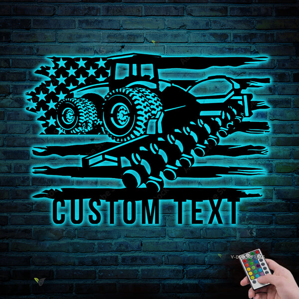 Custom Us Flag Tractor Planter Metal Wall Art Led Lights, Personalized Us Farm Tractor Metal Name Sign Home Decor, Tractor Farmhouse Metal Wall Art