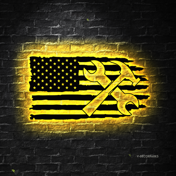 American Flag Mechanic Tools Repair Metal Sign Led Lights, Papa's Workshop Garage Metal Wall Art, Handyman Mechanic Garage Metal Wall Decor