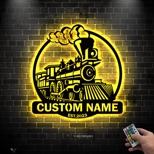 Personalized Steam Engine Train Metal Wall Art Led Lights, Custom Monogram Train Driver Metal Name Sign Home Decor, Train Railroad Metal Sign