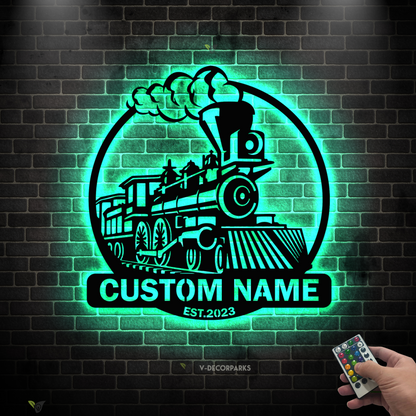 Personalized Steam Engine Train Metal Wall Art Led Lights, Custom Train Driver Metal Name Sign Home Decor, Train Railroad Metal Wall Sign