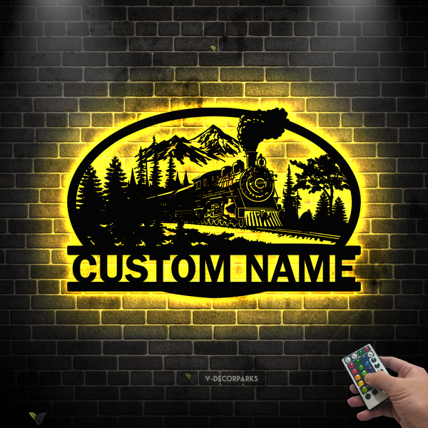 Custom Name Steam Train Landscape Metal Wall Art With Led Lights, Personalized Train Driver Name Sign, Steam Locomotive Railroad Metal Wall Sign