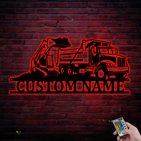 Custom Dump Truck And Skid Steer Loader Metal Sign Led Lights, Custom Construction Truck Driver Metal Sign, Construction Vehicles Metal Wall Art