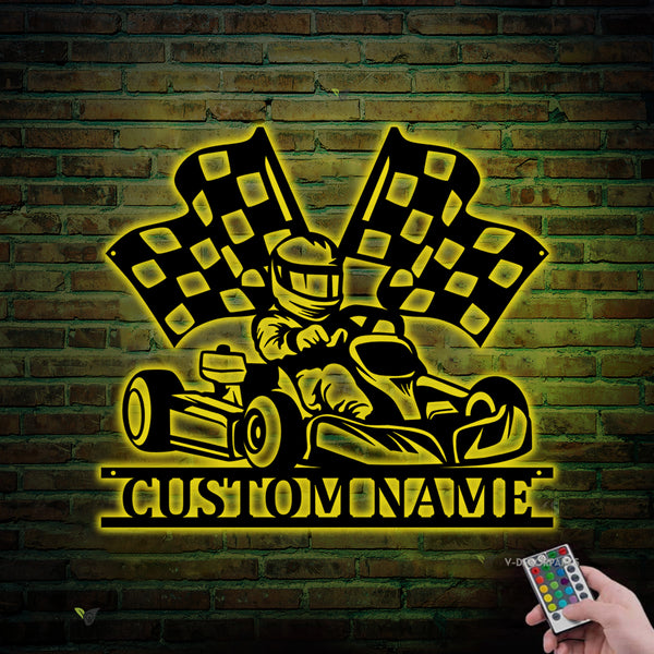 Custom Go Kart Racing Metal Sign Led Lights, Personalized Go Kart Racer Metal Name Sign, Go Kart Car Racing Sports Metal Man Cave Sign