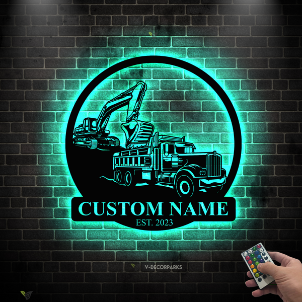 Custom Us Dump Truck With Track Hoe Excavator Metal Sign Led Lights, Personalized Excavator Metal Name Sign, Construction Truck Metal Wall Art