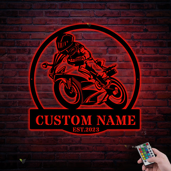 Custom Name Motorcycle Racing Metal Sign With Led Lights, Personalized Motorcycle Biker Metal Wall Art, Motorcycle Garage Sign Wall Hanging Decor
