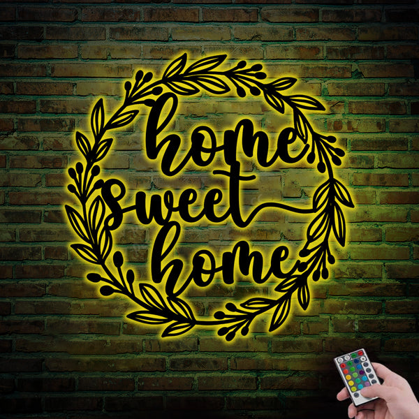 Home Sweet Home Metal Wall Art With Led Lights, Home Sweet Home Floral Wreath Metal Sign, Metal Housewarming Gift, Metal Wall Art Home Decor