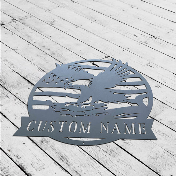 Custom American Flag Eagle Metal Name Sign, Personalized Us Flag Eagle Nest Metal Wall Hanging Sign, Us Bald Eagle Metal Sign Home Decor
