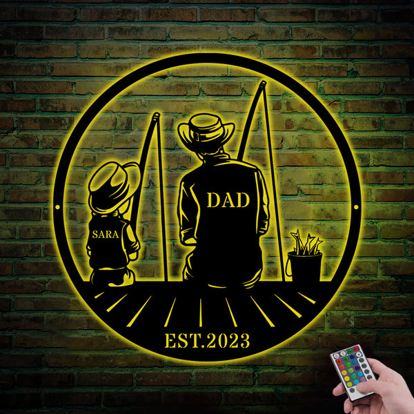 Custom Name Father Daughter Fishing Metal Sign Led Lights, Personalized Fishing Dad Metal Wall Art, Fishing Outdoor Metal Wall Sign Decor