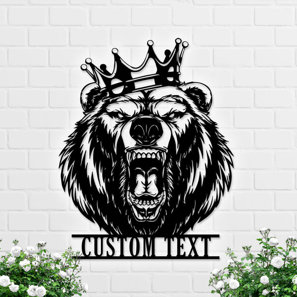 Personalized Angry Bear With Crown Metal Sign, Custom Name Grizzly Bear Metal Wall Art, King Bear Roar Metal Sign, Wild Animal Metal Home Decor