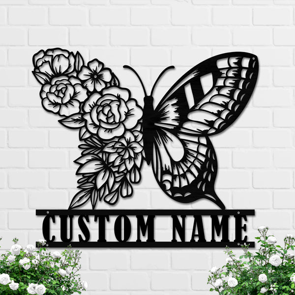 Custom Floral Butterfly Metal Wall Art, Personalized Butterfly Metal Name Sign, Flowers Butterfly Metal Garden Sign, Butterfly Metal Home Decor