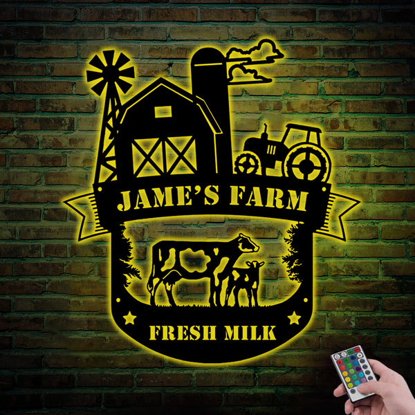 Personalized Farmhouse Metal Sign Led Lights, Custom Family Name Metal Farm Sign, Farm Animals Cow Tractor Metal Sign Outdoor Decor